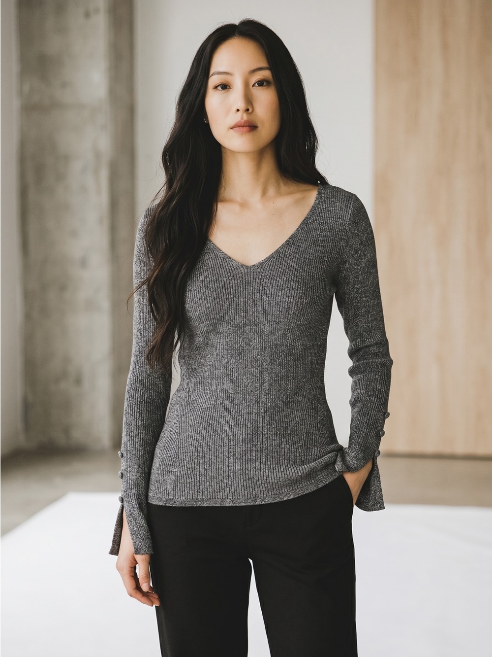 le chateau Gray Ribbed V-Neck Long-Sleeve Top